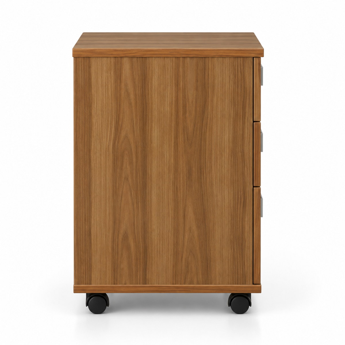 Modern Walnut Mobile Office Pedestal Cabinet with 3 Drawers Top Key Lock Metallic Handles and Caster Wheels