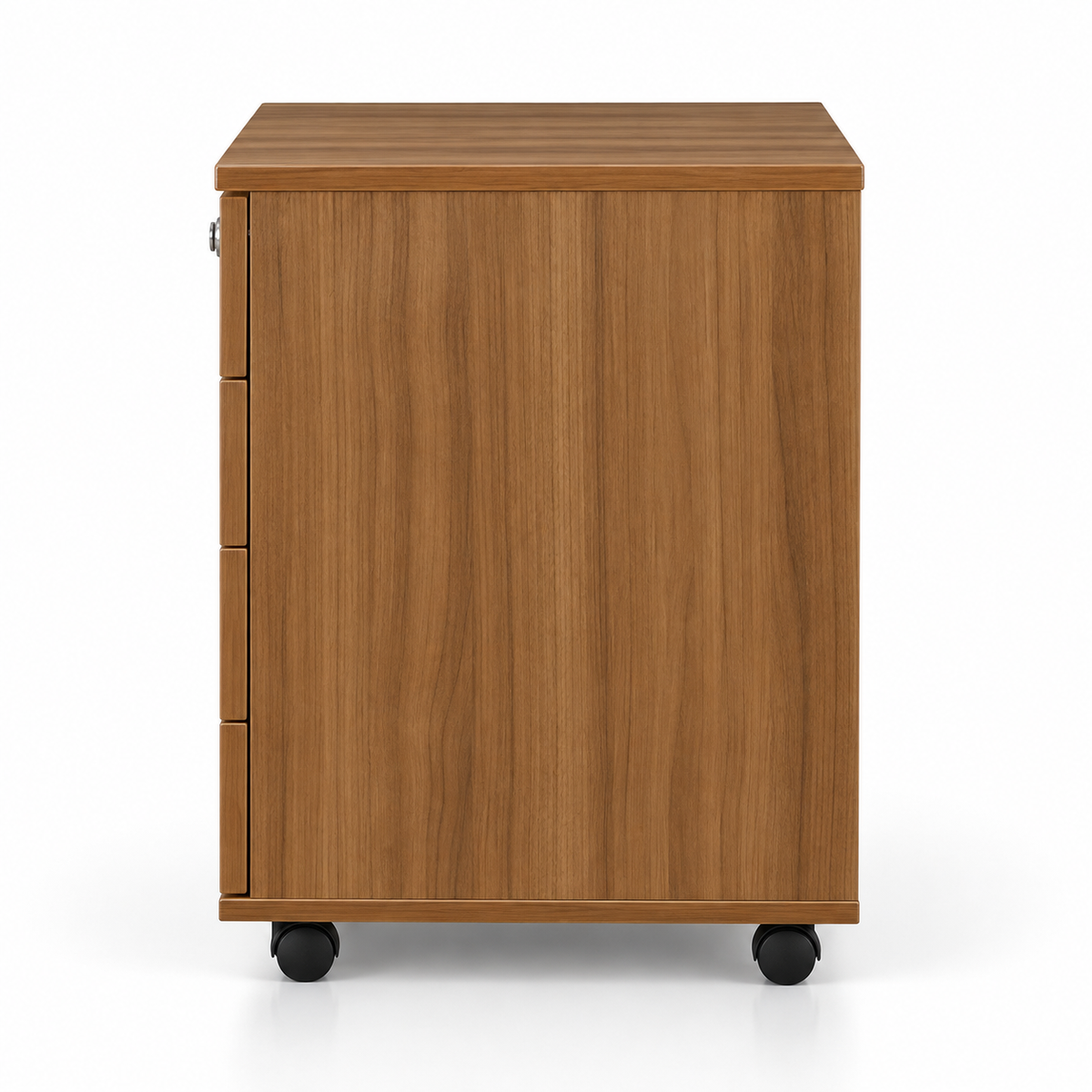 Modern Walnut Mobile Office Pedestal Cabinet with 3 Drawers Top Key Lock Metallic Handles and Caster Wheels