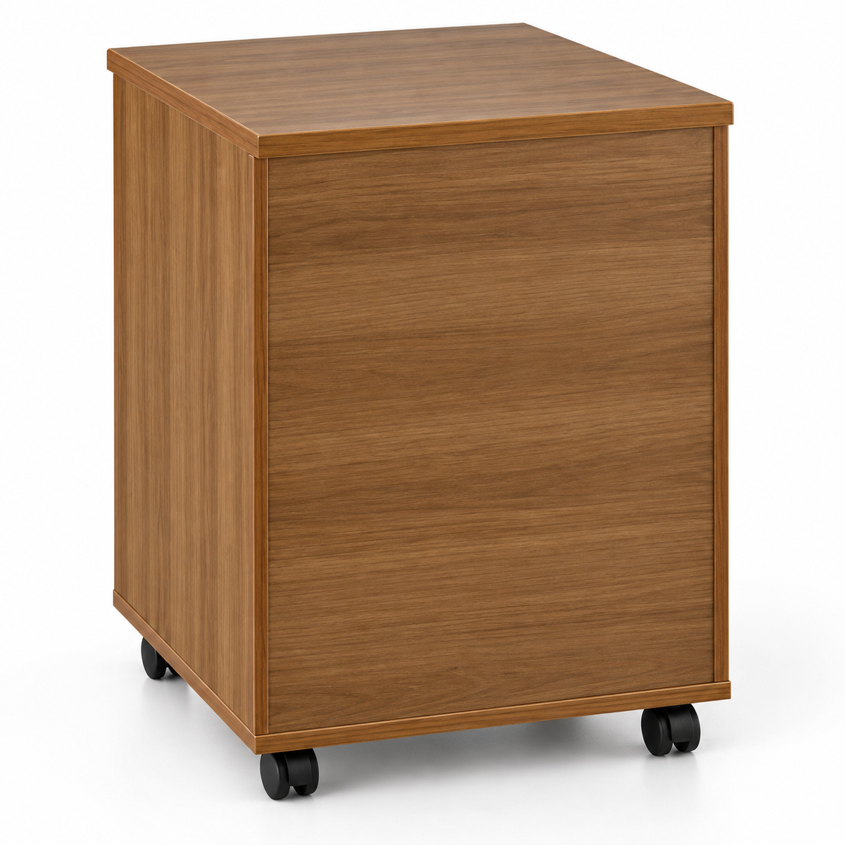 Modern Walnut Mobile Office Pedestal Cabinet with 3 Drawers Top Key Lock Metallic Handles and Caster Wheels