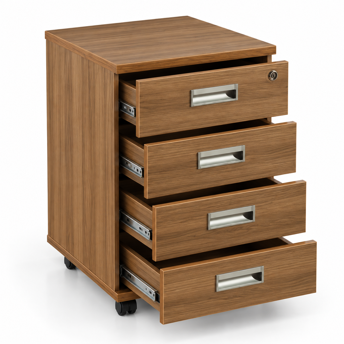 Modern Walnut Mobile Office Pedestal Cabinet with 3 Drawers Top Key Lock Metallic Handles and Caster Wheels