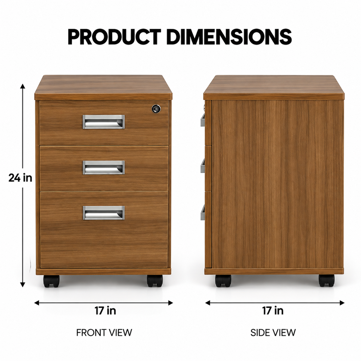 Modern Walnut Mobile Office Pedestal Cabinet with 3 Drawers Top Key Lock Metallic Handles and Caster Wheels