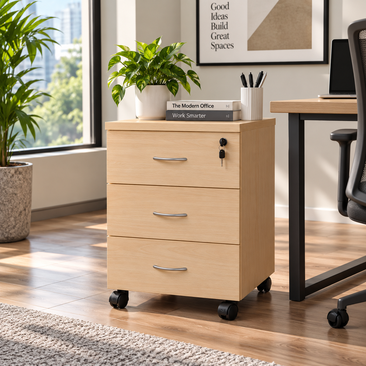 Modern Light Oak Mobile Office Pedestal Cabinet with 3 Drawers Top Key Lock Curved Handles and Wheels