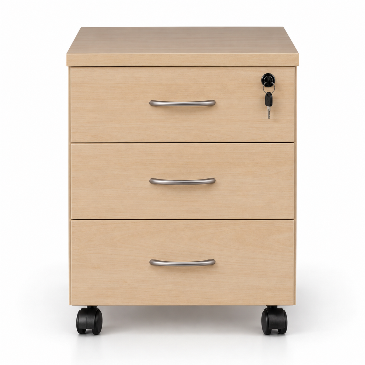 Modern Light Oak Mobile Office Pedestal Cabinet with 3 Drawers Top Key Lock Curved Handles and Wheels
