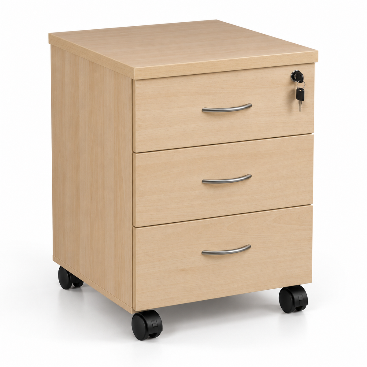Modern Light Oak Mobile Office Pedestal Cabinet with 3 Drawers Top Key Lock Curved Handles and Wheels