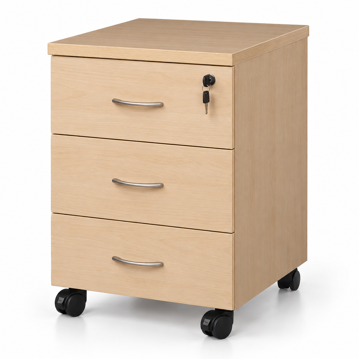 Modern Light Oak Mobile Office Pedestal Cabinet with 3 Drawers Top Key Lock Curved Handles and Wheels