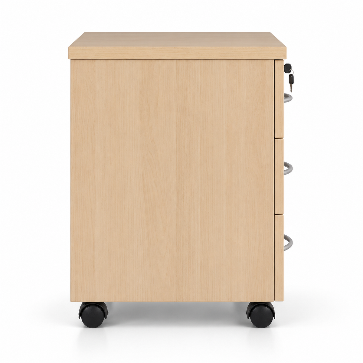 Modern Light Oak Mobile Office Pedestal Cabinet with 3 Drawers Top Key Lock Curved Handles and Wheels