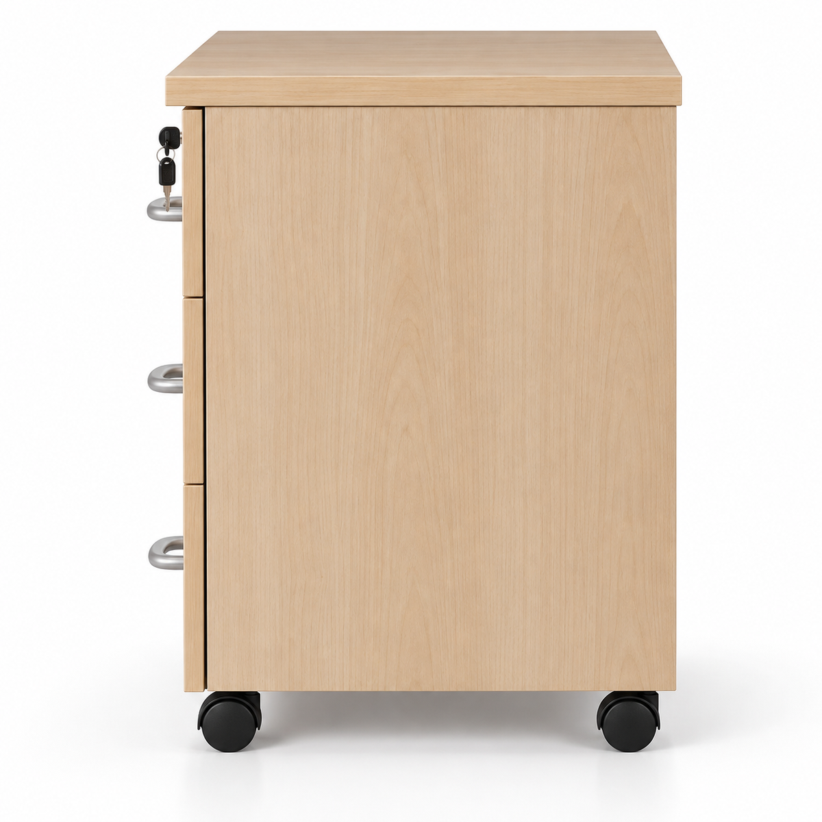 Modern Light Oak Mobile Office Pedestal Cabinet with 3 Drawers Top Key Lock Curved Handles and Wheels