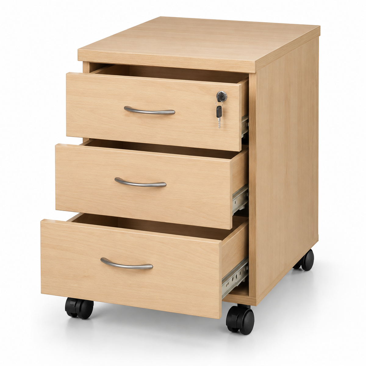Modern Light Oak Mobile Office Pedestal Cabinet with 3 Drawers Top Key Lock Curved Handles and Wheels