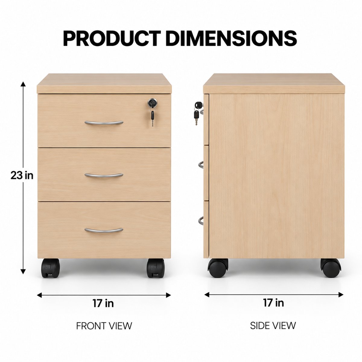 Modern Light Oak Mobile Office Pedestal Cabinet with 3 Drawers Top Key Lock Curved Handles and Wheels