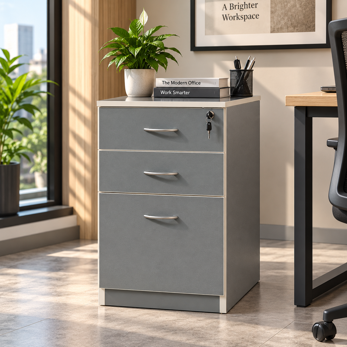 3 Drawer Grey Office Filing Cabinet | Compact Storage Pedestal for Home & Office