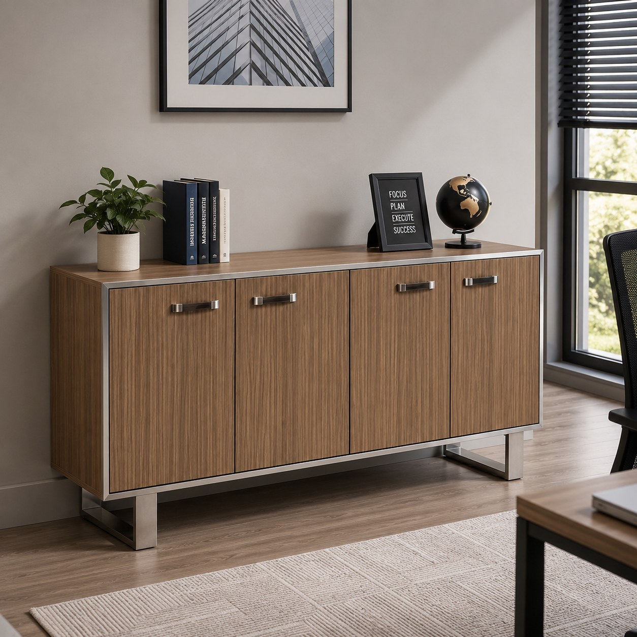 Wooden 4-Door Cabinet with Metal Handle, Made In Pre-Laminated Particle Board with Metal Leg Base