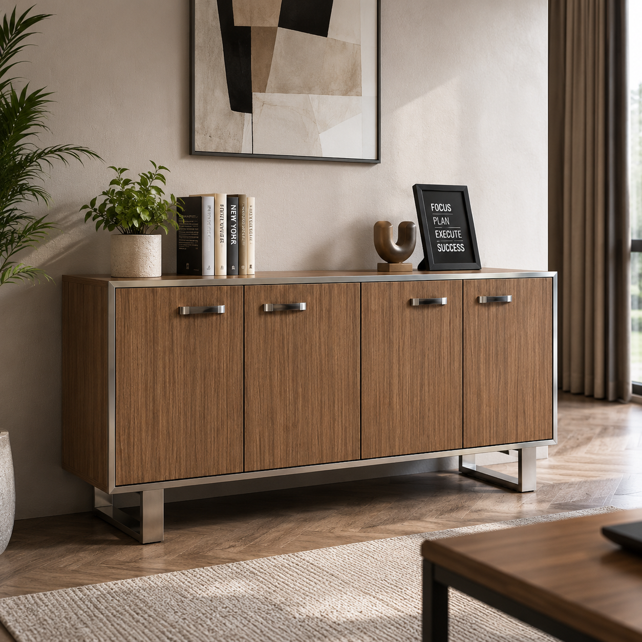 Wooden 4-Door Cabinet with Metal Handle, Made In Pre-Laminated Particle Board with Metal Leg Base
