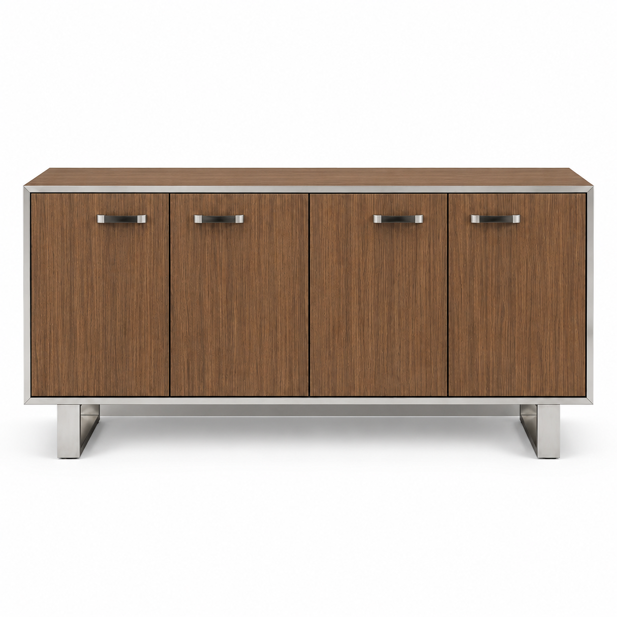 Wooden 4-Door Cabinet with Metal Handle, Made In Pre-Laminated Particle Board with Metal Leg Base