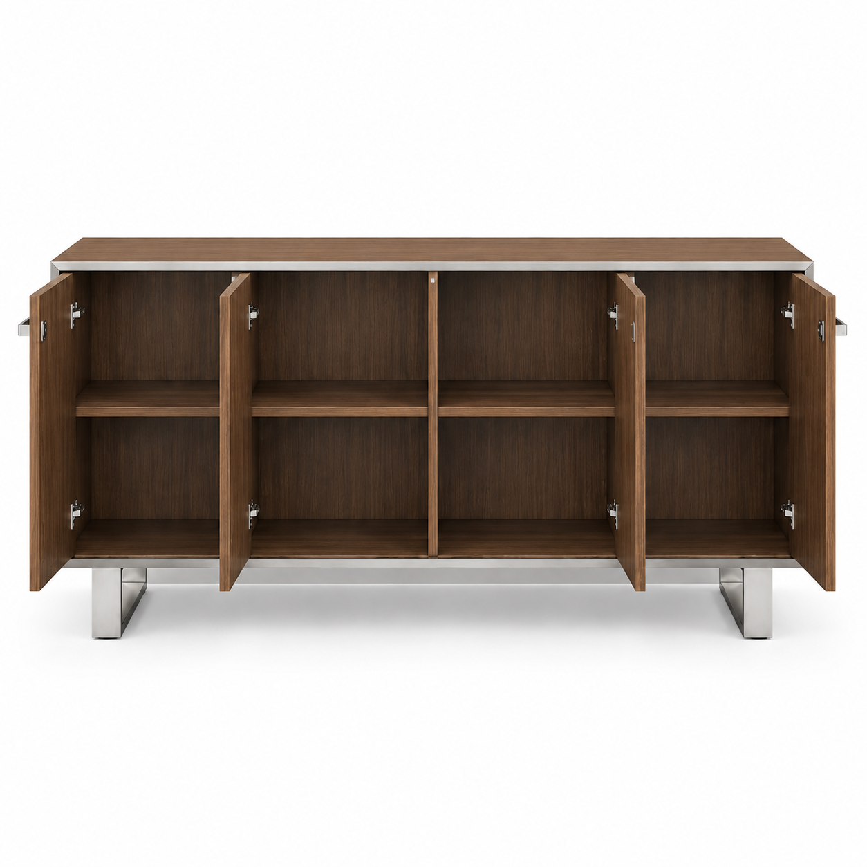 Wooden 4-Door Cabinet with Metal Handle, Made In Pre-Laminated Particle Board with Metal Leg Base