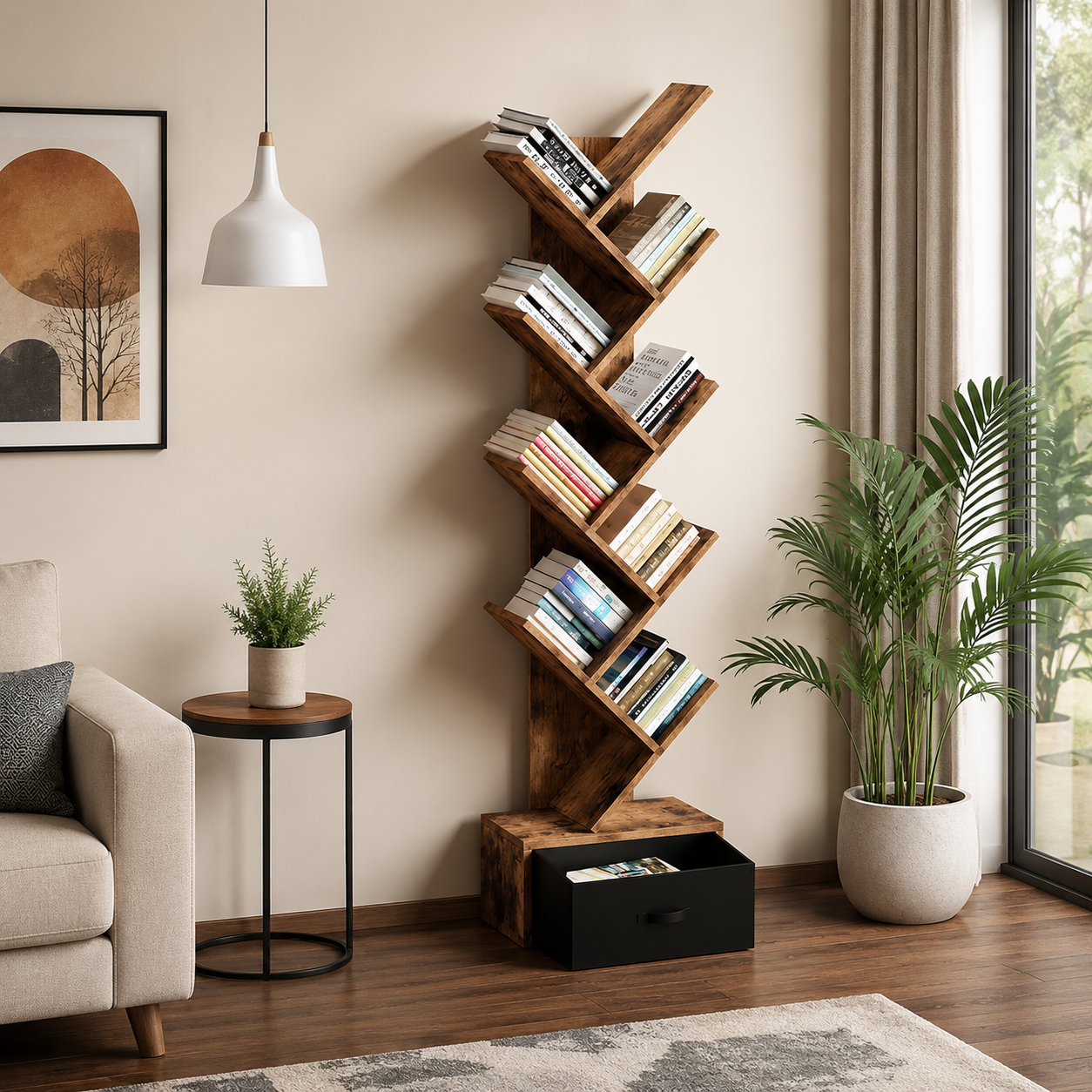 Modern Zig Zag Bookshelf with Open Display Shelves and Lower Storage Drawer, Tall Freestanding Bookcase for Living Room