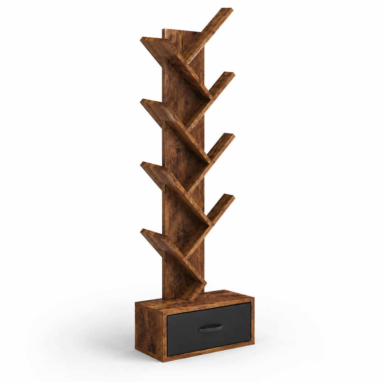 Modern Zig Zag Bookshelf with Open Display Shelves and Lower Storage Drawer, Tall Freestanding Bookcase for Living Room
