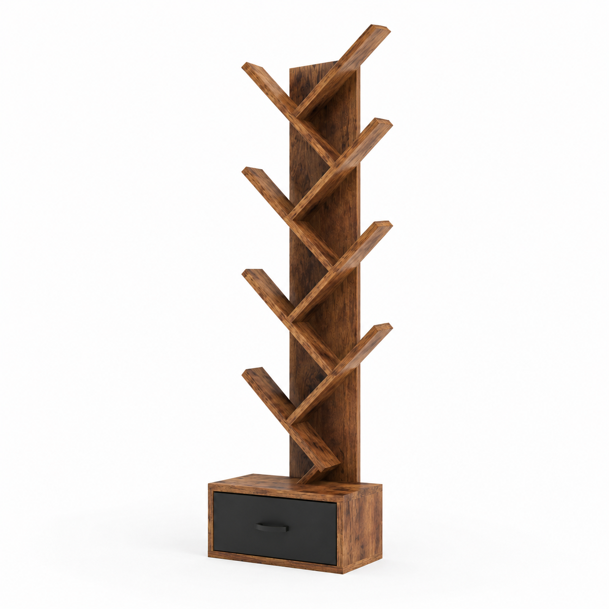 Modern Zig Zag Bookshelf with Open Display Shelves and Lower Storage Drawer, Tall Freestanding Bookcase for Living Room