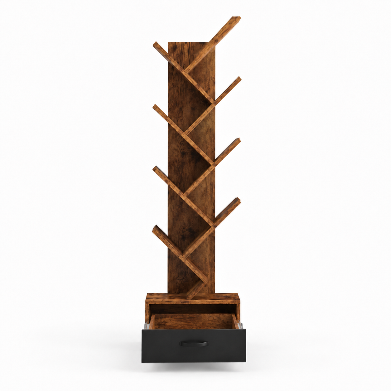 Modern Zig Zag Bookshelf with Open Display Shelves and Lower Storage Drawer, Tall Freestanding Bookcase for Living Room