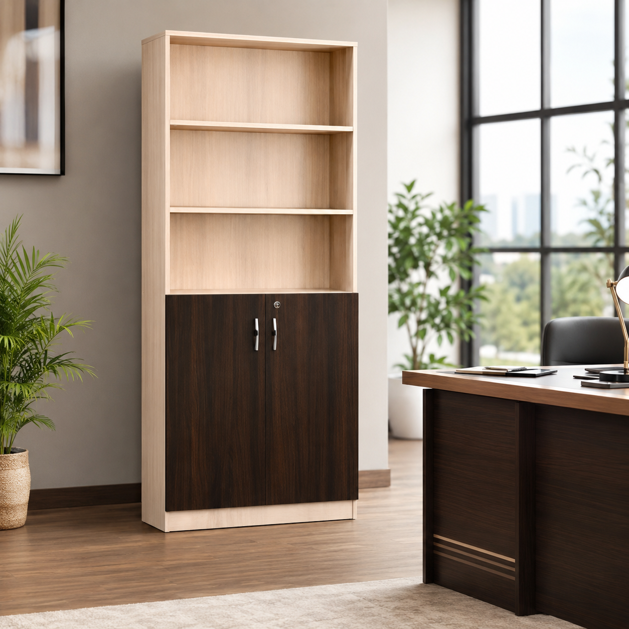Wooden Filing Storage with 3 Sections Book Shelf Cabinet Made in Pre-laminate Particle Board