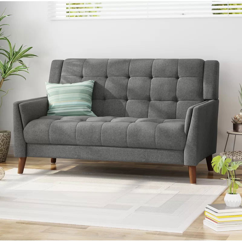 Dark Gray Tufted Polyester  2 & 1 Seater SOFA with Tapered Wood Legs -