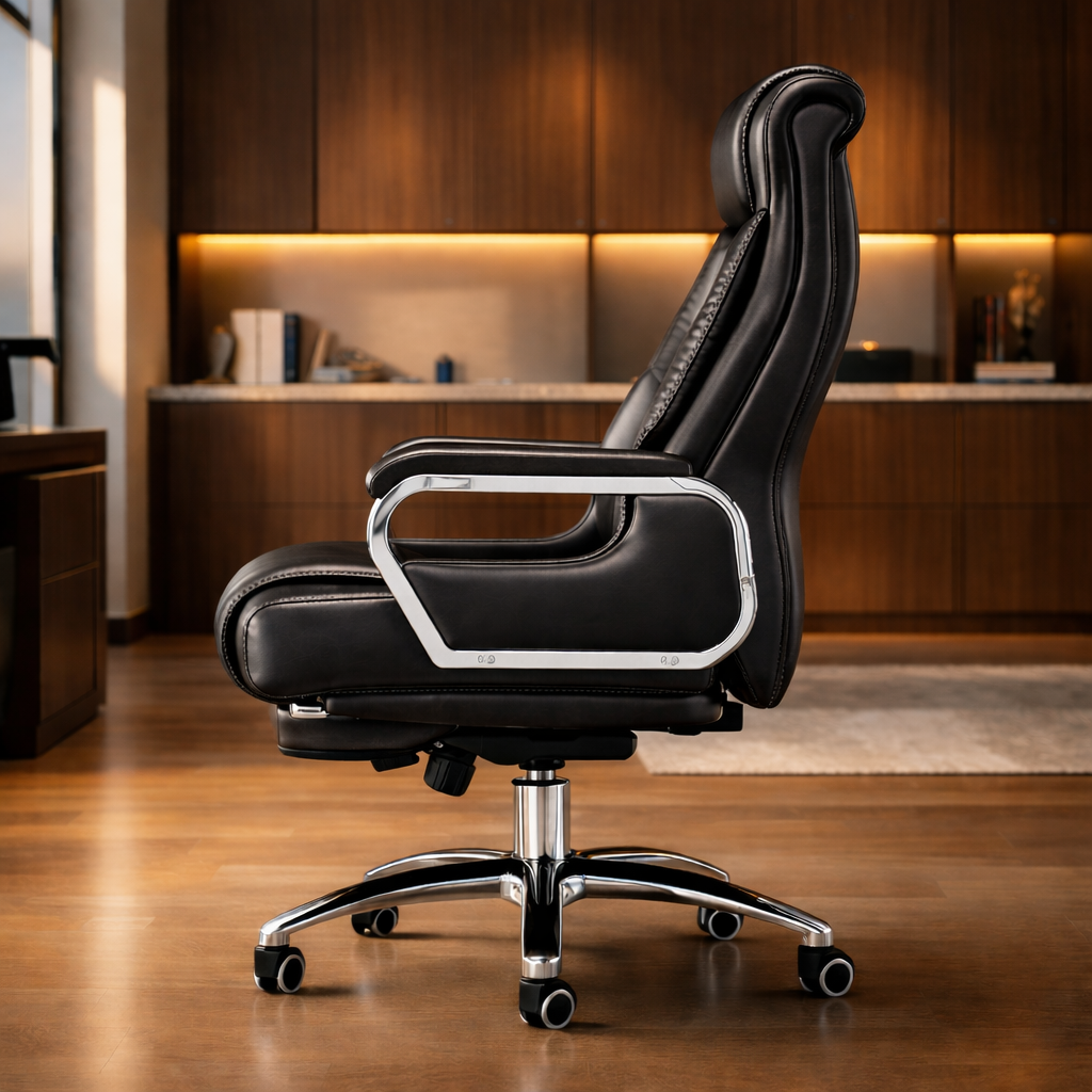 Director & Executive Office Chair Premium Leatherette with Recliner & Footrest and High Back Ergonomic Lumbar Support, Flip-Up Armrests