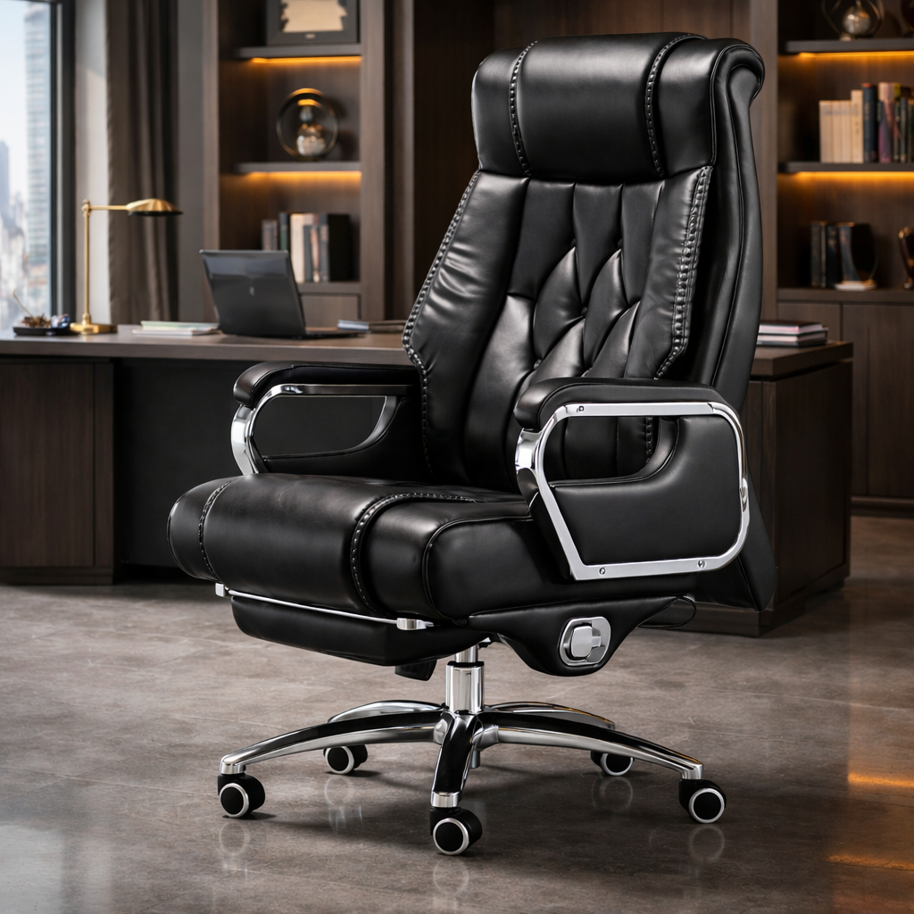 Director & Executive Office Chair Premium Leatherette with Recliner & Footrest and High Back Ergonomic Lumbar Support, Flip-Up Armrests