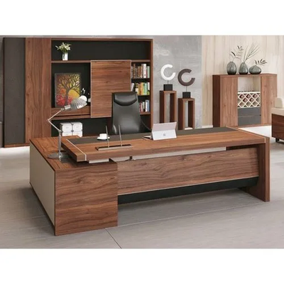 Director Office Table Made In Particle Board with Side Unite and Drawers & CPU Space - Teak Walnut Finish