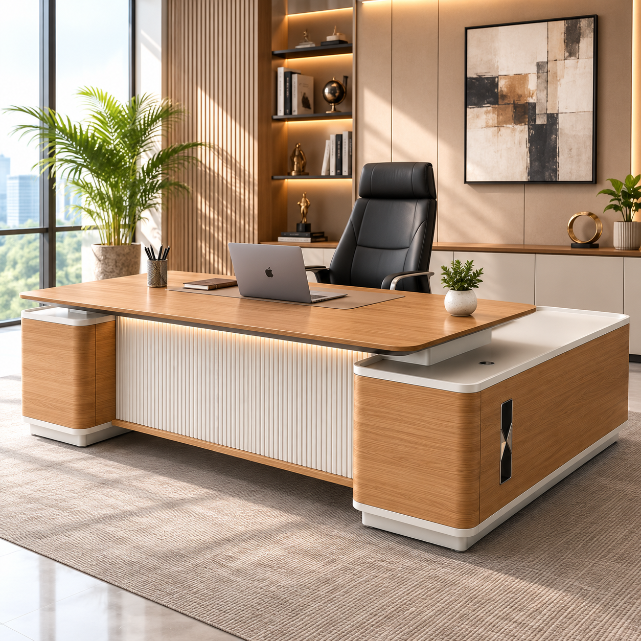 Director Office Table with Side Organizer Unit, Luxury Executive Desk for CEO, Directors and Premium Corporate Interiors