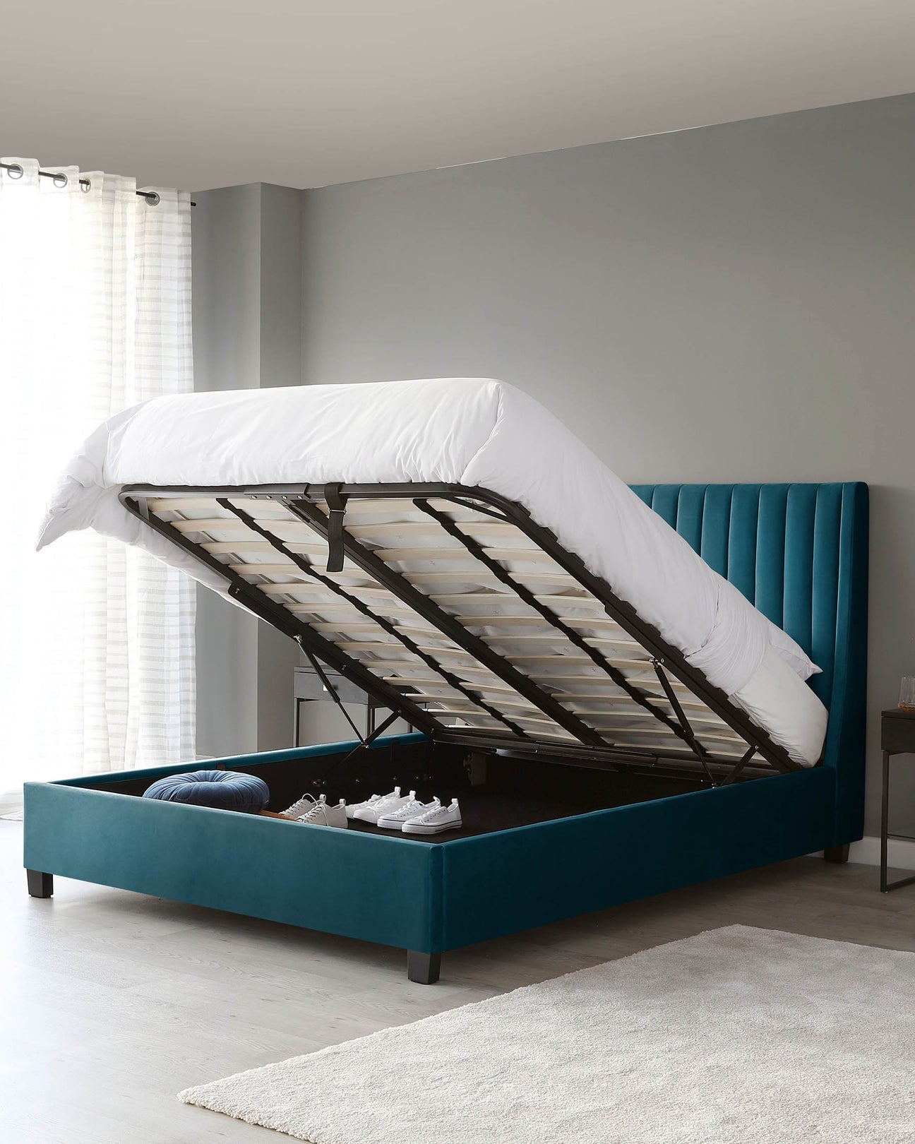 Double Bed Vertical Channel Upholstered Headboad  with Hydraulic Storage -