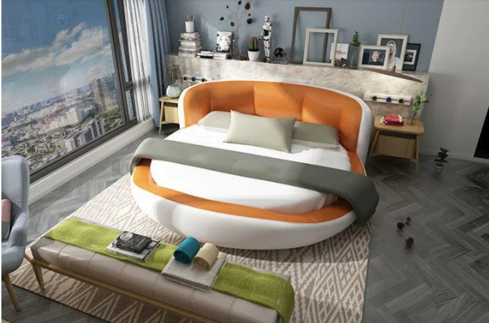 Luxury Round Bed in Premium Velvet &amp; Leatherette Upholstery with Ergonomic Curved Headboard, Heavy-Duty Hydraulic Storage