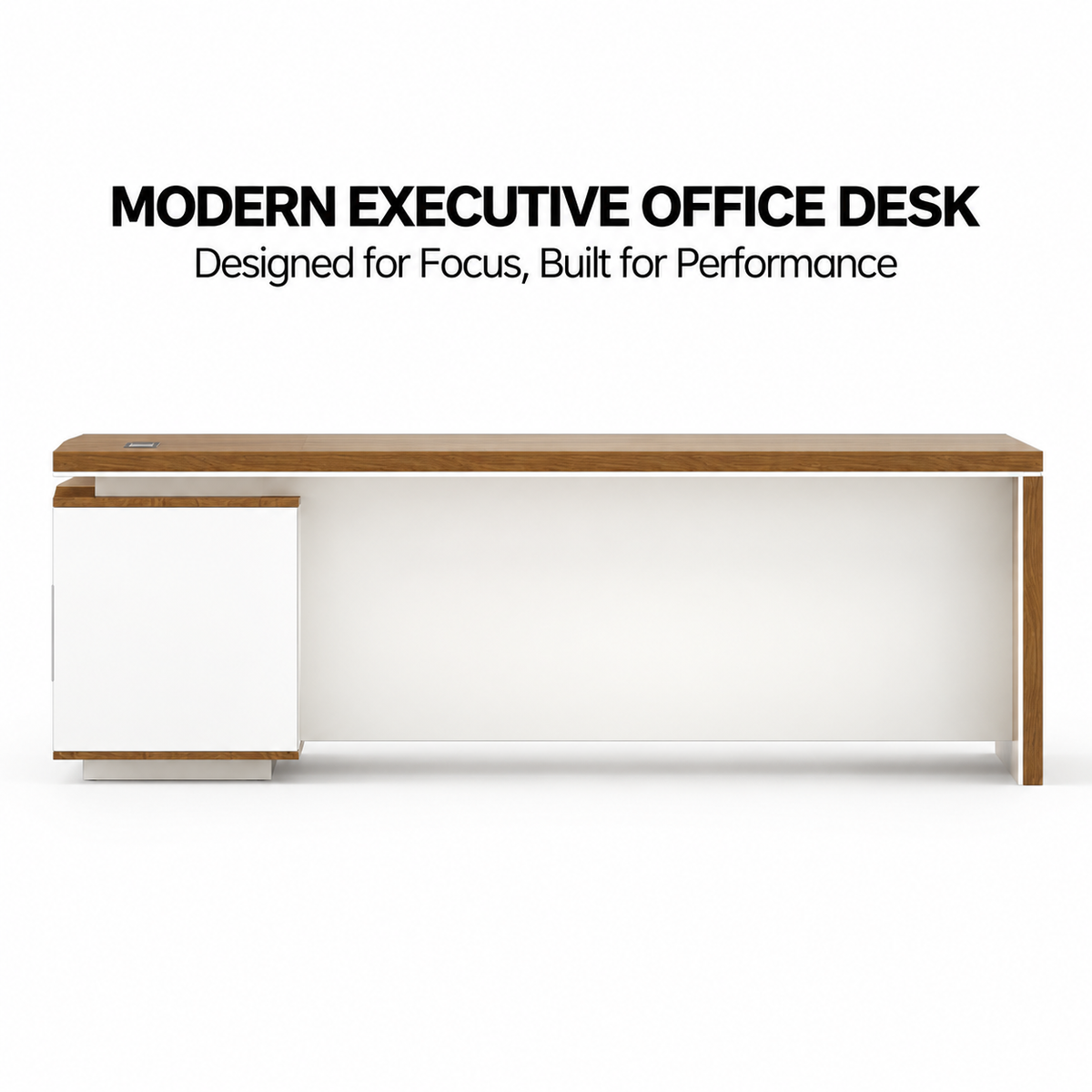 Luxury Modern Executive Director Table with Natural Wood Finish, White Panel Base, Integrated Side Storage, Cable Management & Spacious Premium Worktop