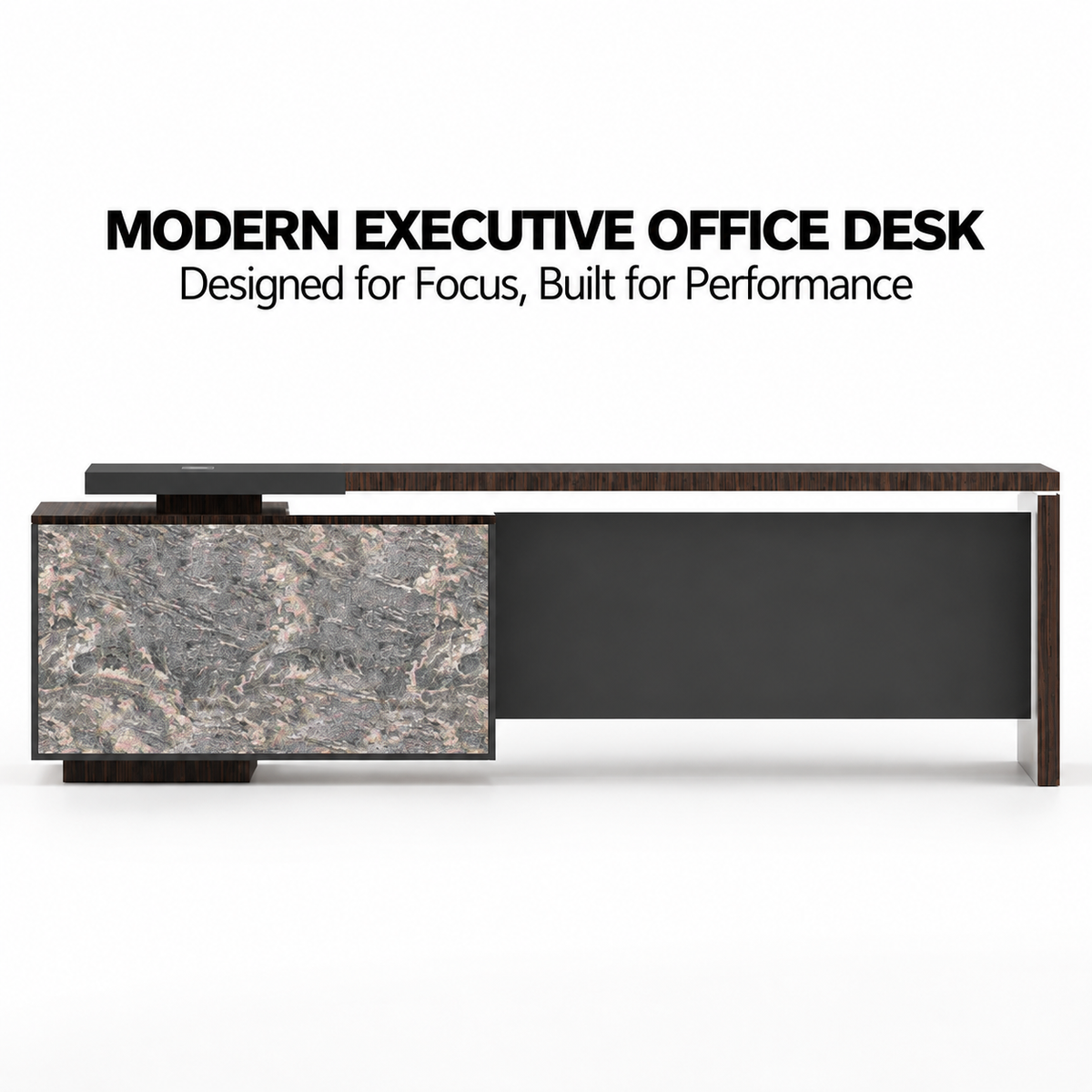 Luxury Executive Director Table with Marble Finish Panels with Premium CEO Office Desk in Dark Wood and Modern L-Shape Corporate Furniture