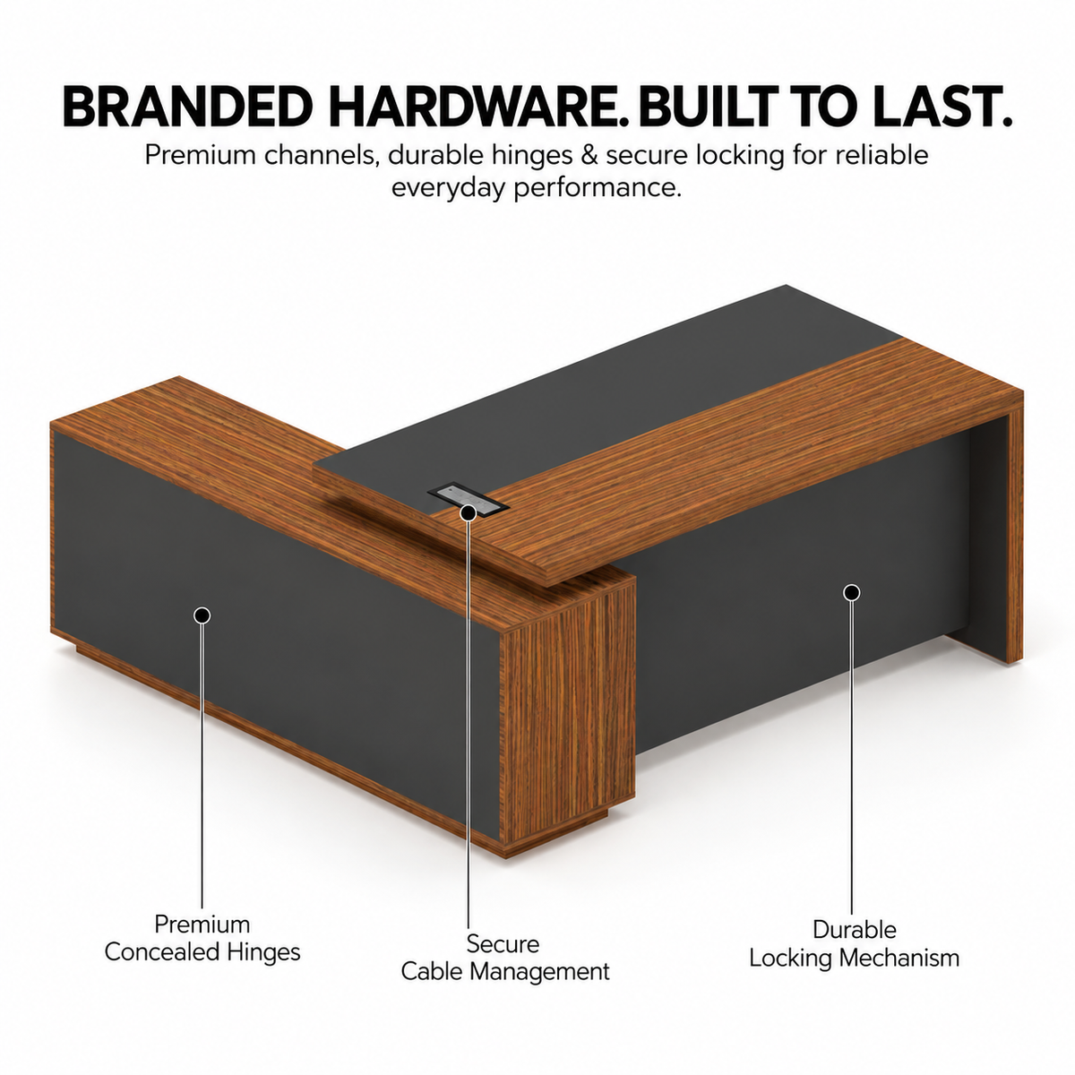 Director L-Shaped Office Table Luxury Design Double-layer Gable End and Modesty Panel Walnut & Grey Office