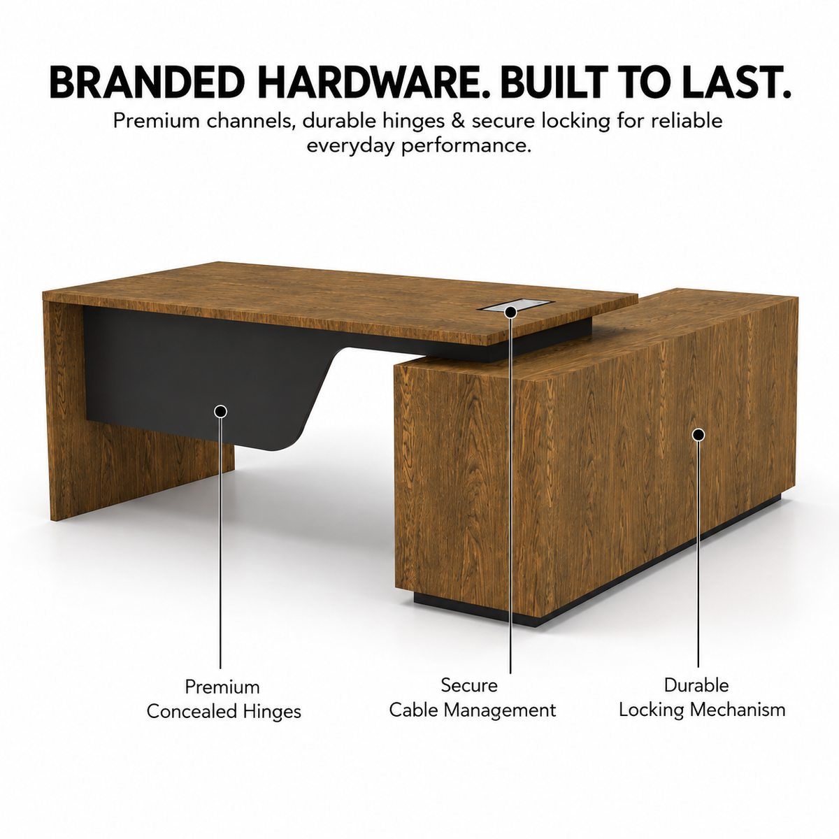 Luxury Director and Executive L Shape Office Table Made Particle Board with  Wire Manager Side Unit and Multi Drawers CPC Space  - Brown Color