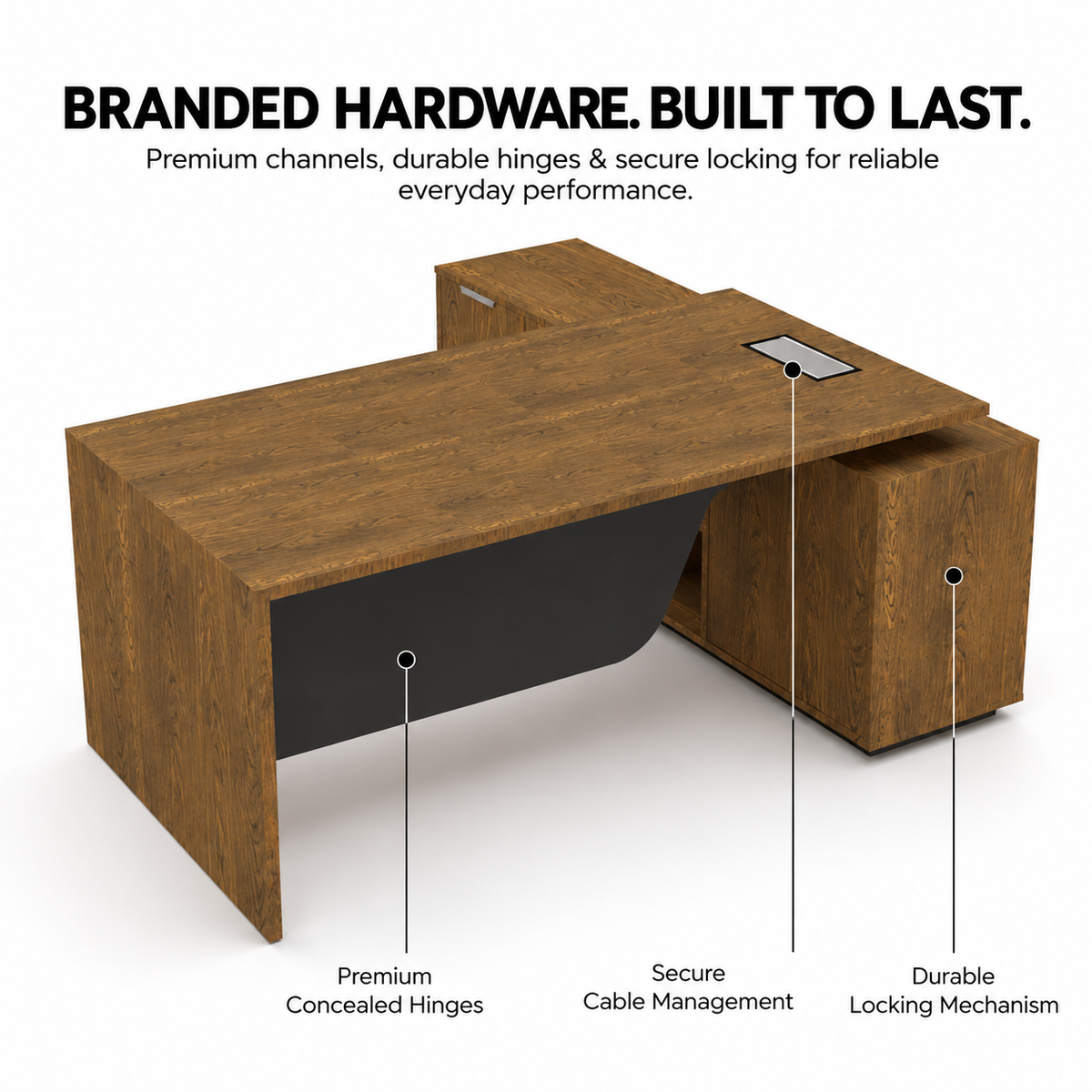 Luxury Director and Executive L Shape Office Table Made Particle Board with  Wire Manager Side Unit and Multi Drawers CPC Space  - Brown Color