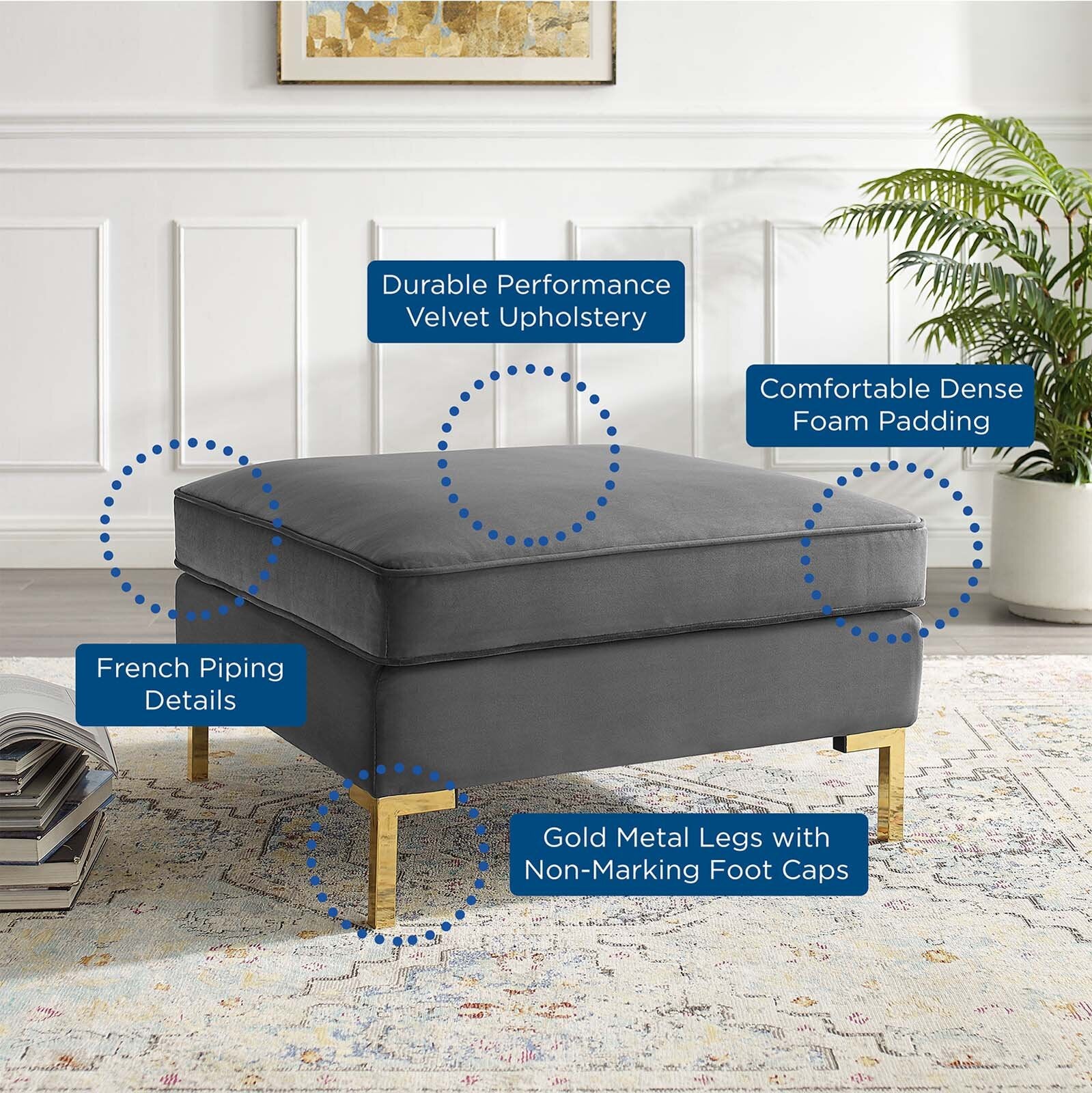 Fabric Upholstery & Metal Base Ottoman -