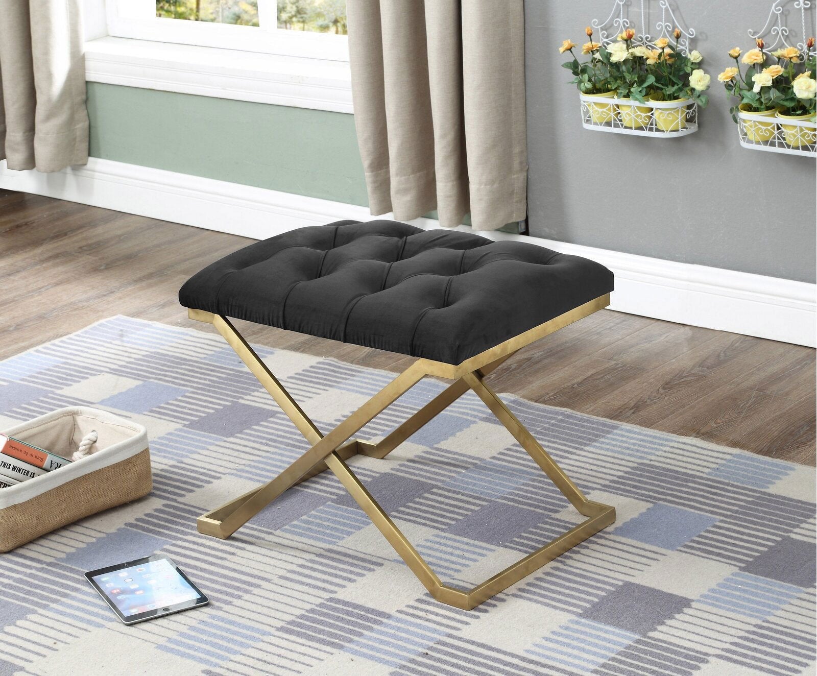 Fabric Upholstery & Metal Base Ottoman -