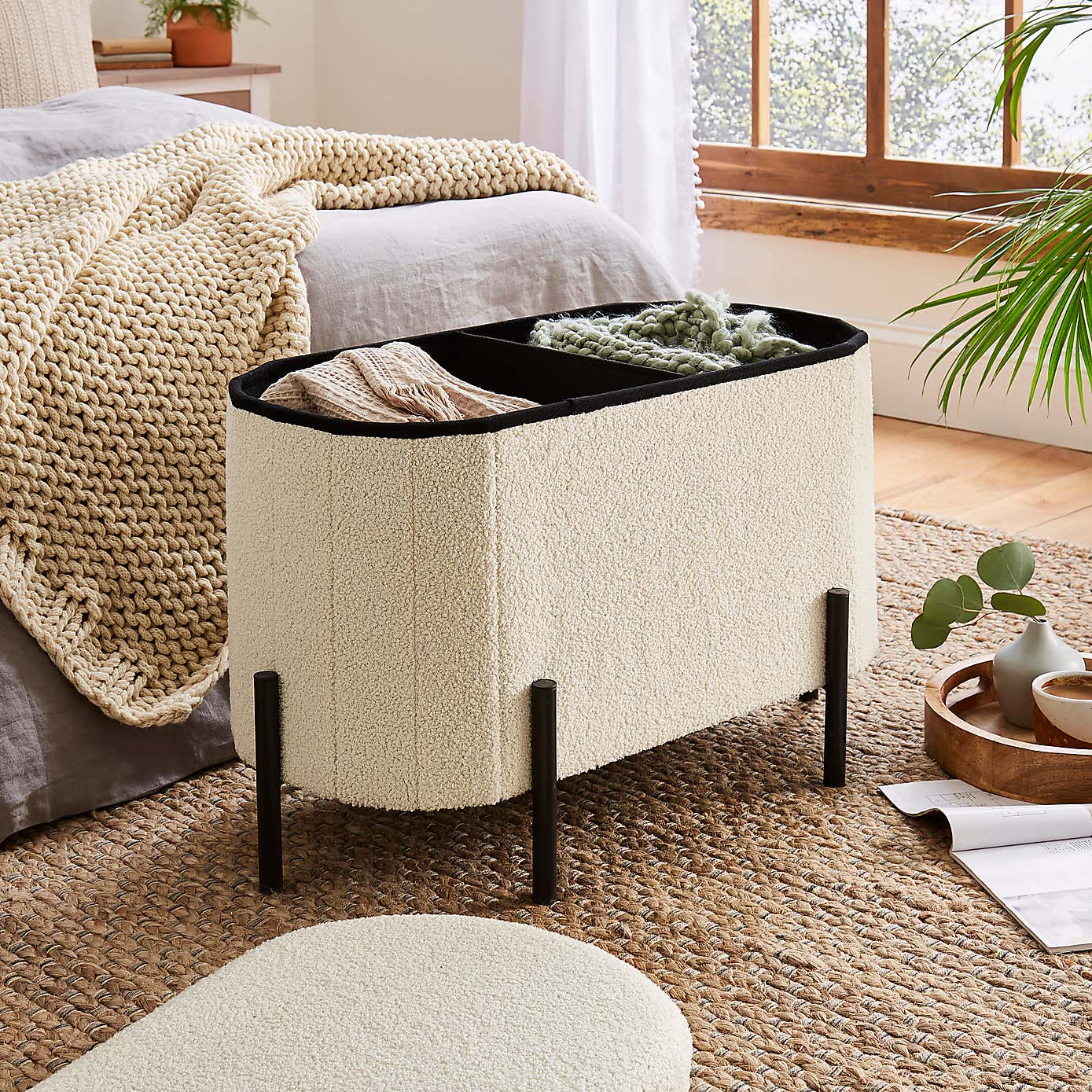 Fabric Upholstery & Metal Base Ottoman with Storage -