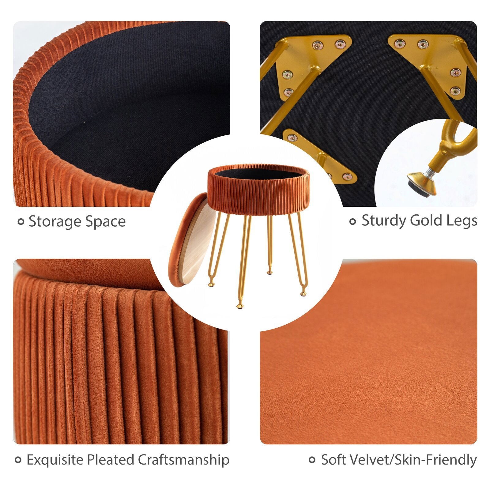 Fabric Upholstery & Metal Legs Base Pouffe with Storage -