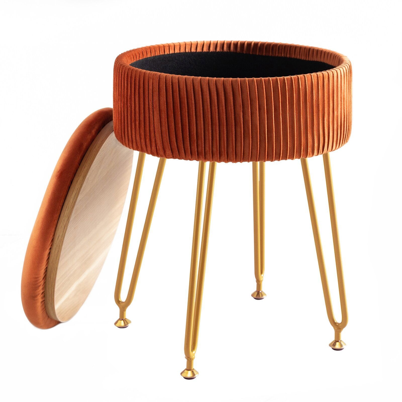 Fabric Upholstery & Metal Legs Base Pouffe with Storage -