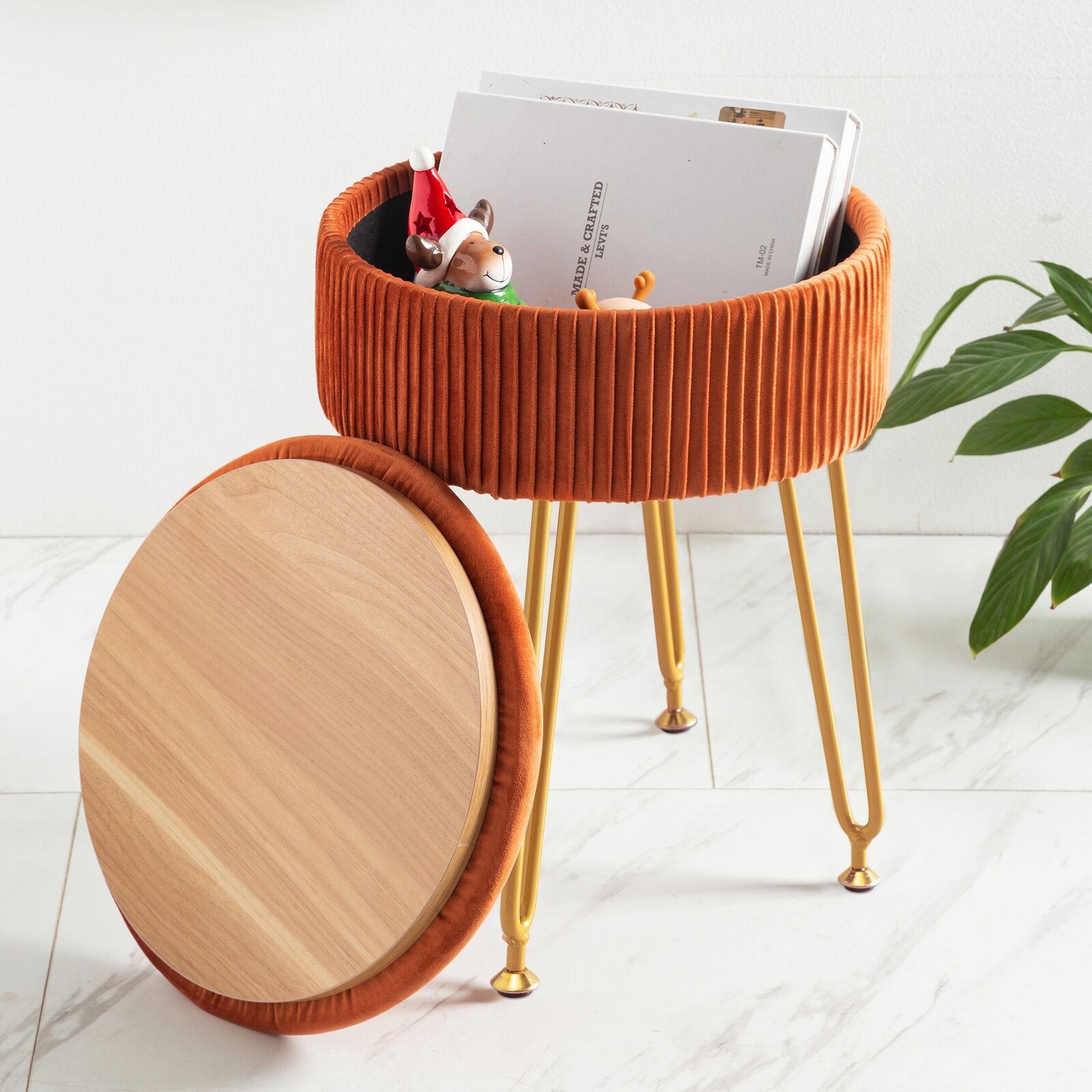 Fabric Upholstery & Metal Legs Base Pouffe with Storage -