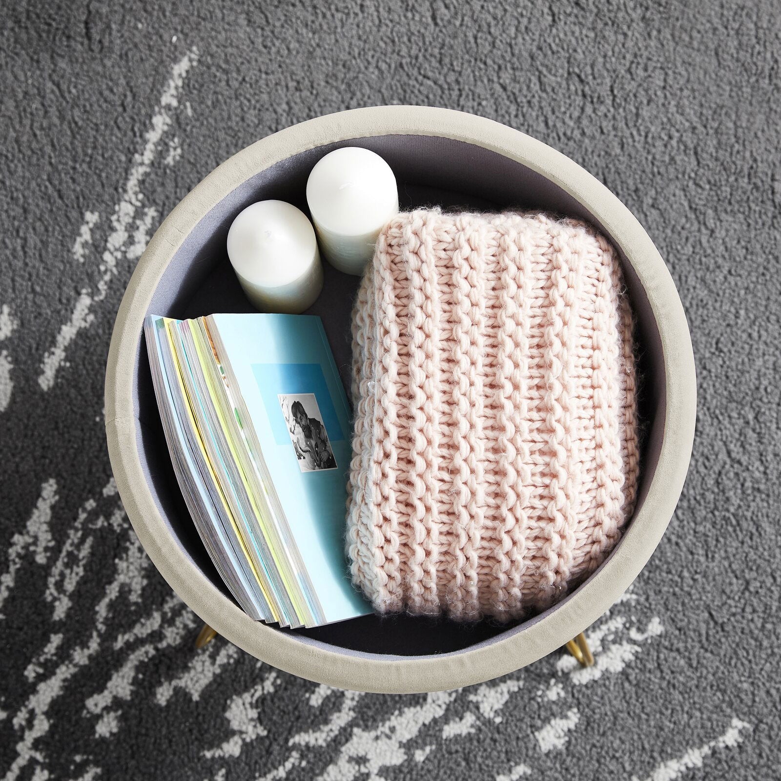 Fabric Upholstery & Metal Legs Base Pouffe with Storage -