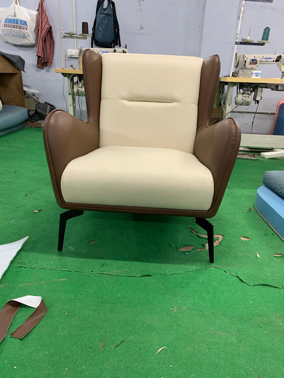 Fabric and Leather Lounge Chair with Metal Legs -