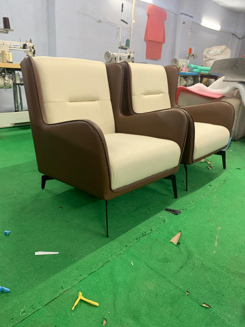 Fabric and Leather Lounge Chair with Metal Legs -