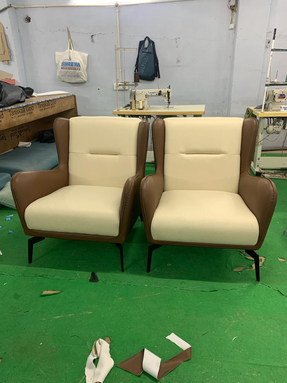 Fabric and Leather Lounge Chair with Metal Legs -