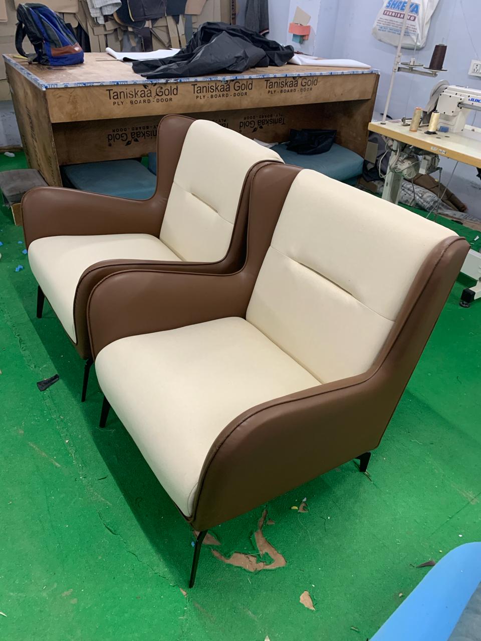 Fabric and Leather Lounge Chair with Metal Legs -