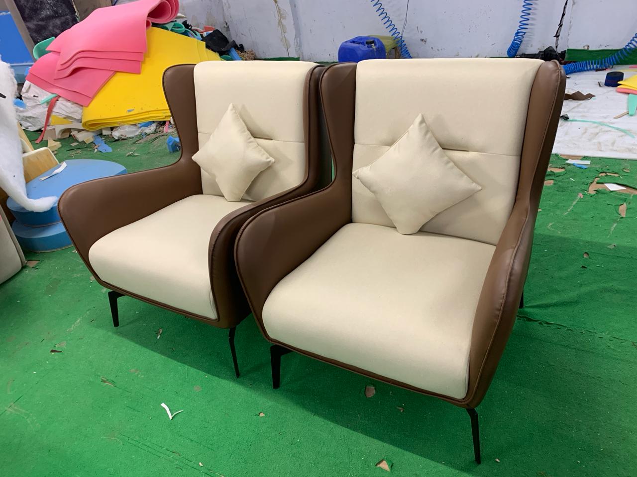 Fabric and Leather Lounge Chair with Metal Legs -