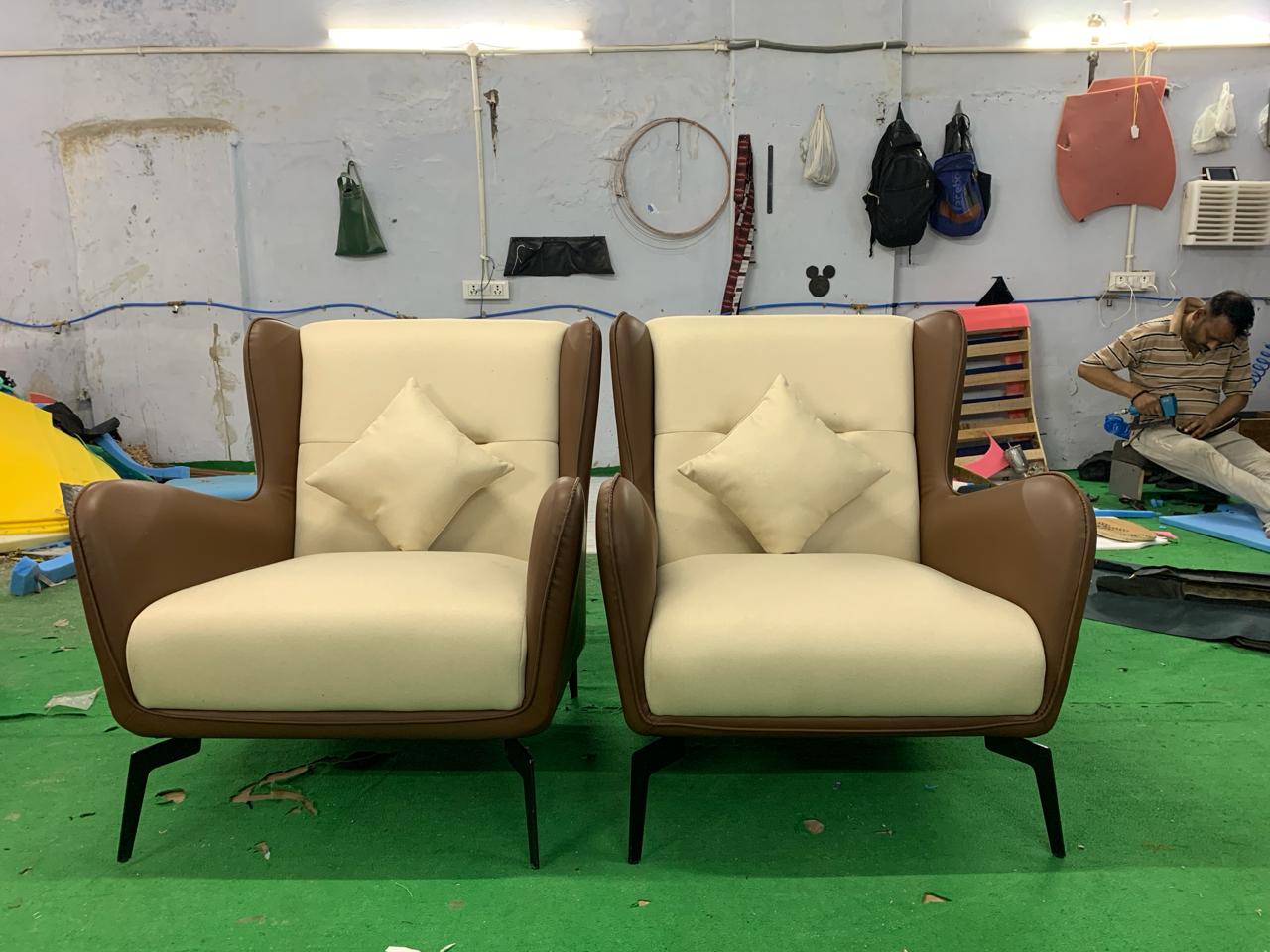 Fabric and Leather Lounge Chair with Metal Legs -