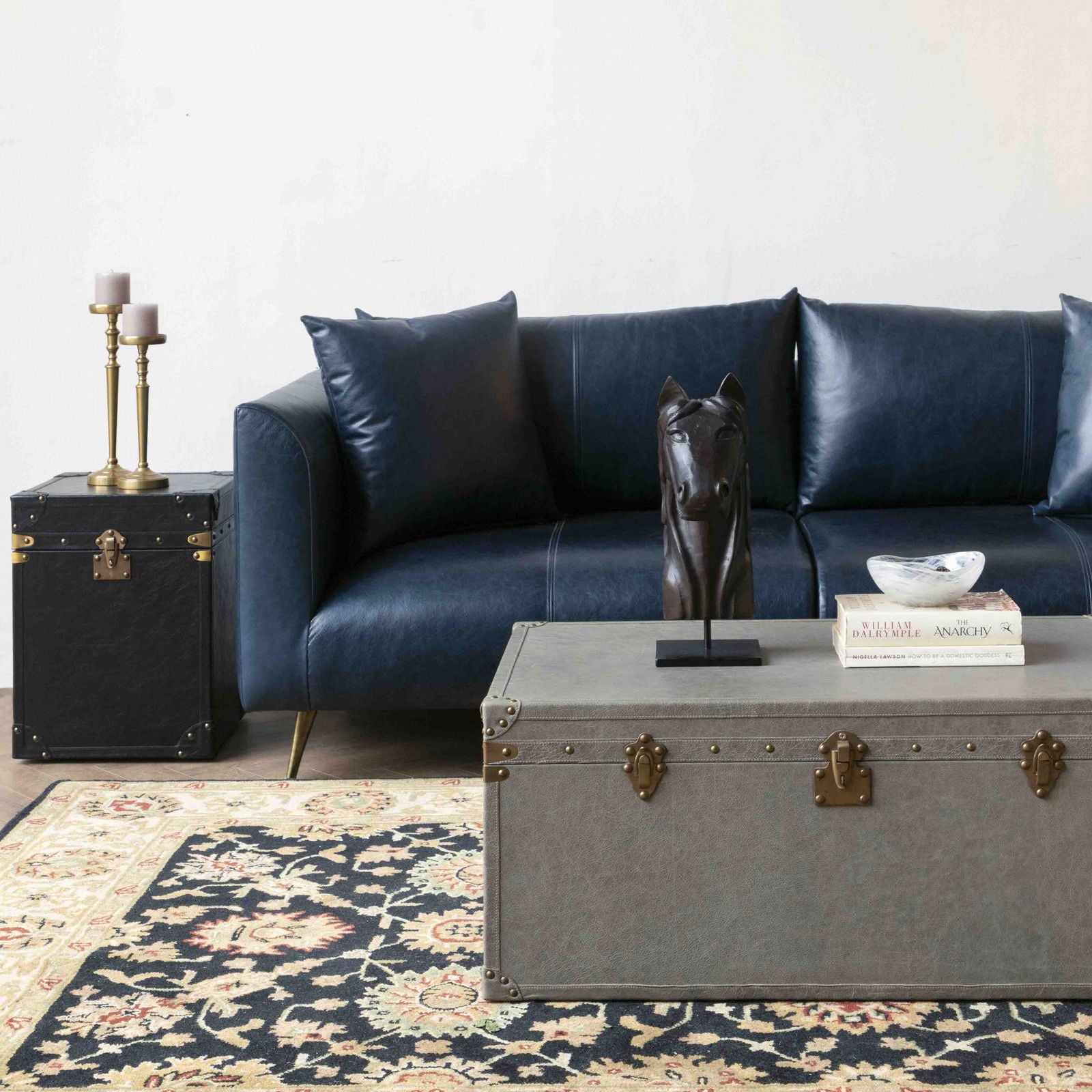 Four Seater Sofa Fabric Leather with Handcrafted Kiln-dried hardwood frame Antique Brass Polished Metal Legs -