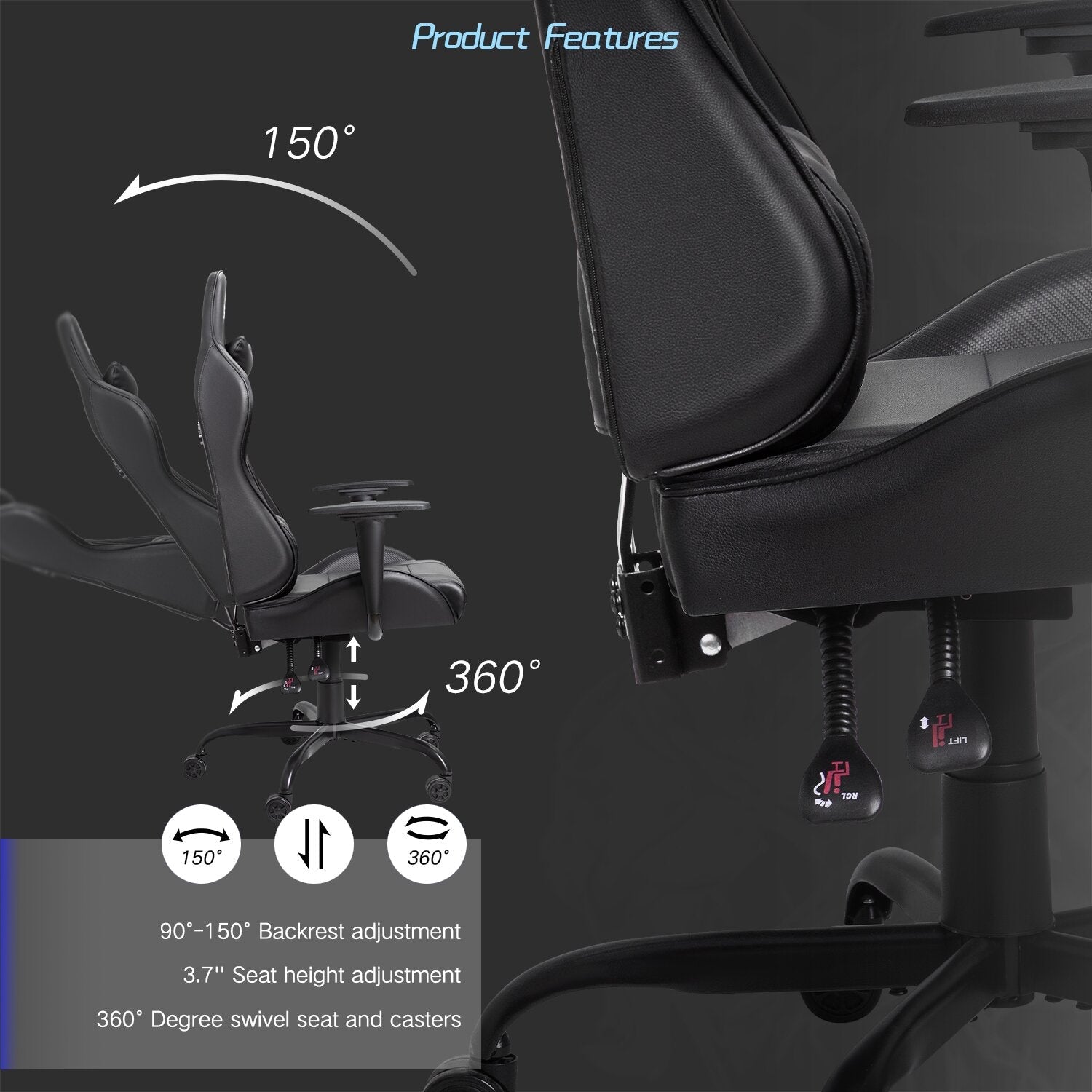 Gaming Chair with Metal Caster Swivel & Wheel Base -